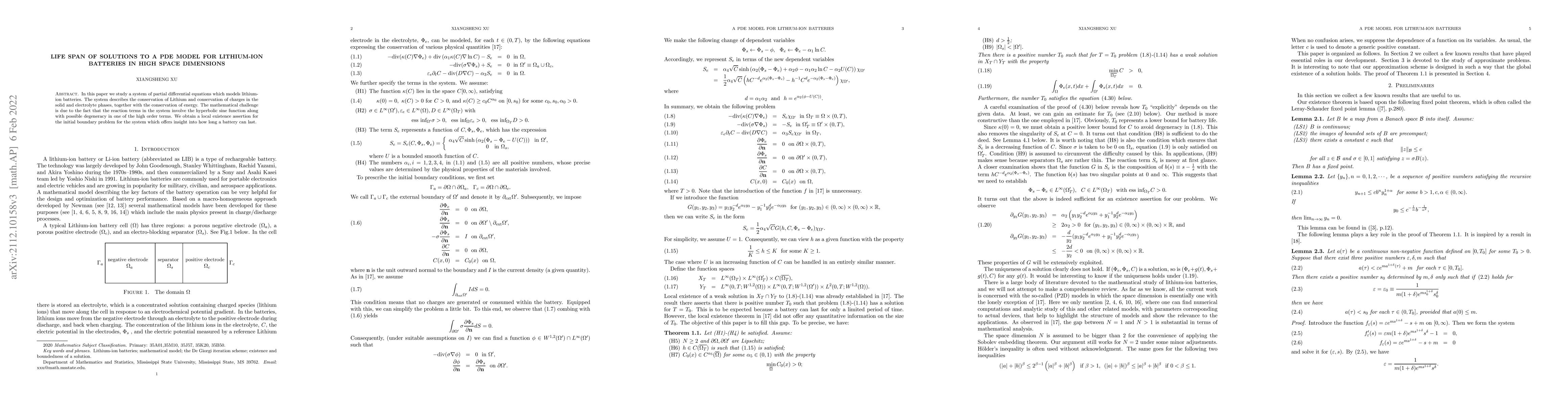 Thumbnail for Life span of solutions to a PDE model for Lithium-ion batteries in high
  space dimensions