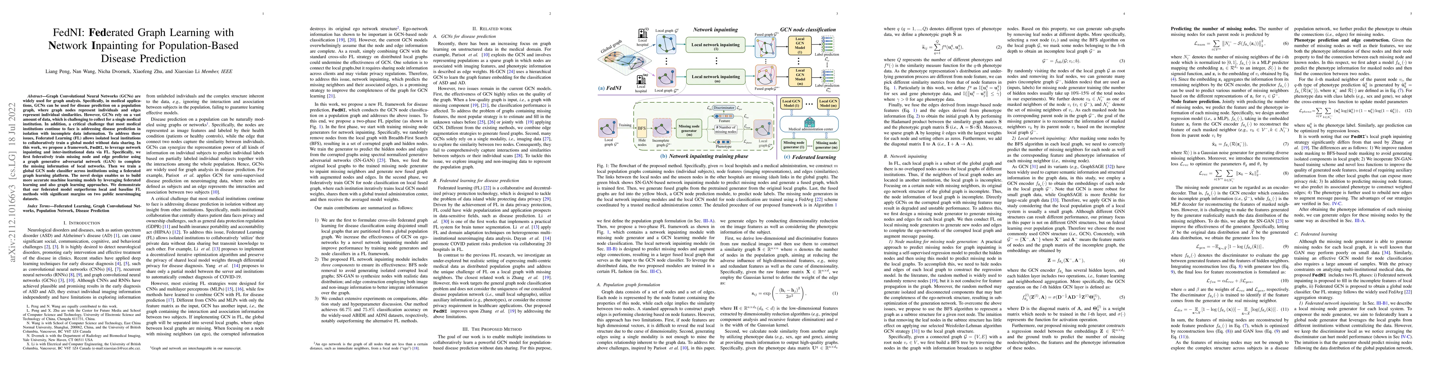 Thumbnail for FedNI: Federated Graph Learning with Network Inpainting for
  Population-Based Disease Prediction