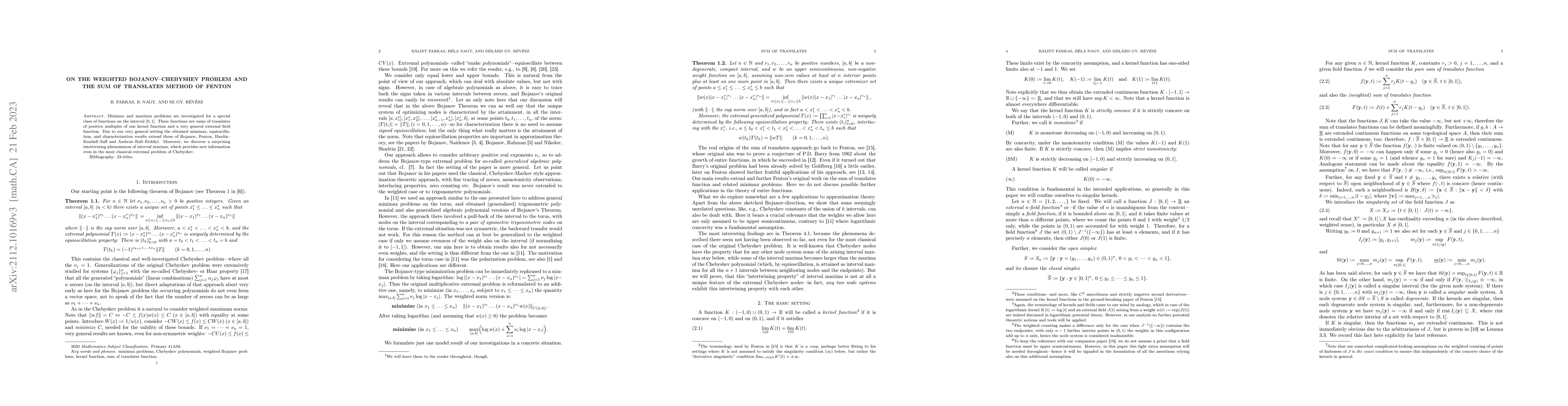 Thumbnail for On the weighted Bojanov-Chebyshev Problem and the sum of translates
  method of Fenton