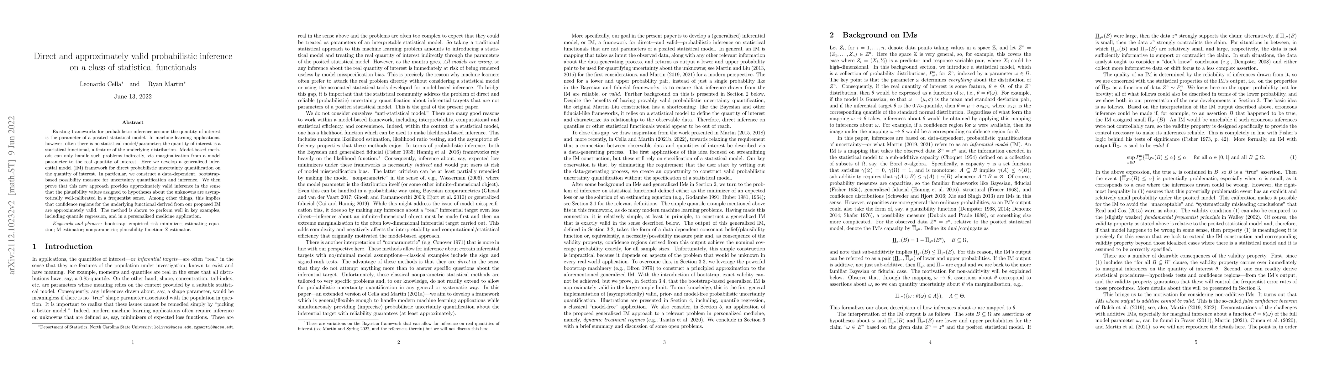 Thumbnail for Direct and approximately valid probabilistic inference on a class of
  statistical functionals