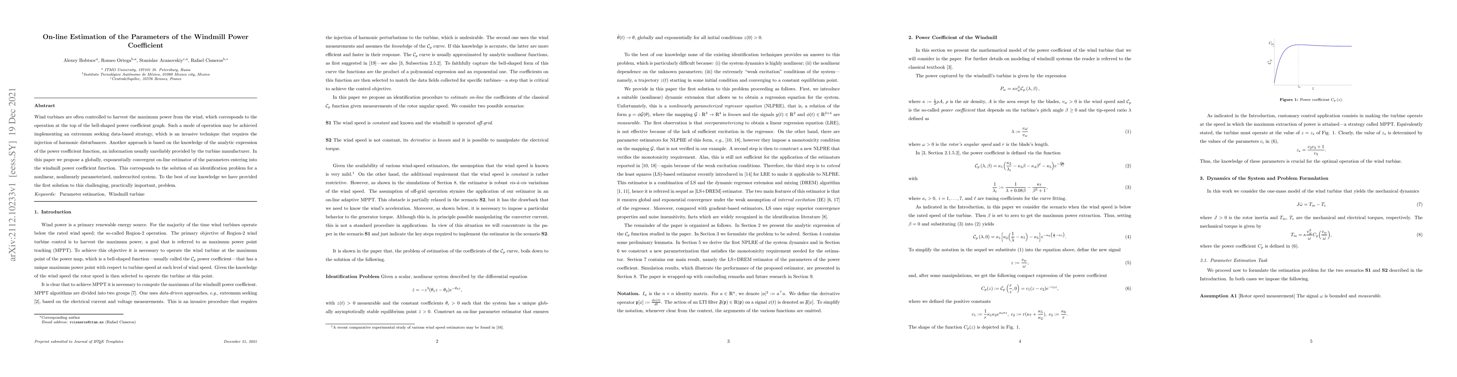 Thumbnail for On-line Estimation of the Parameters of the Windmill Power Coefficient