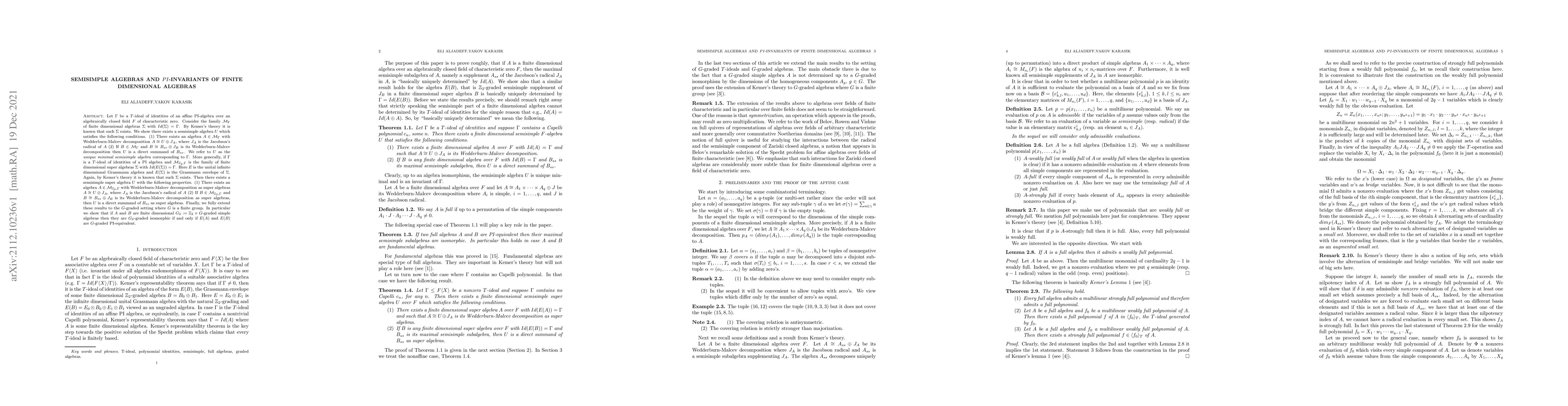 Thumbnail for Semisimple Algebras and PI-Invariants of Finite Dimensional Algebras