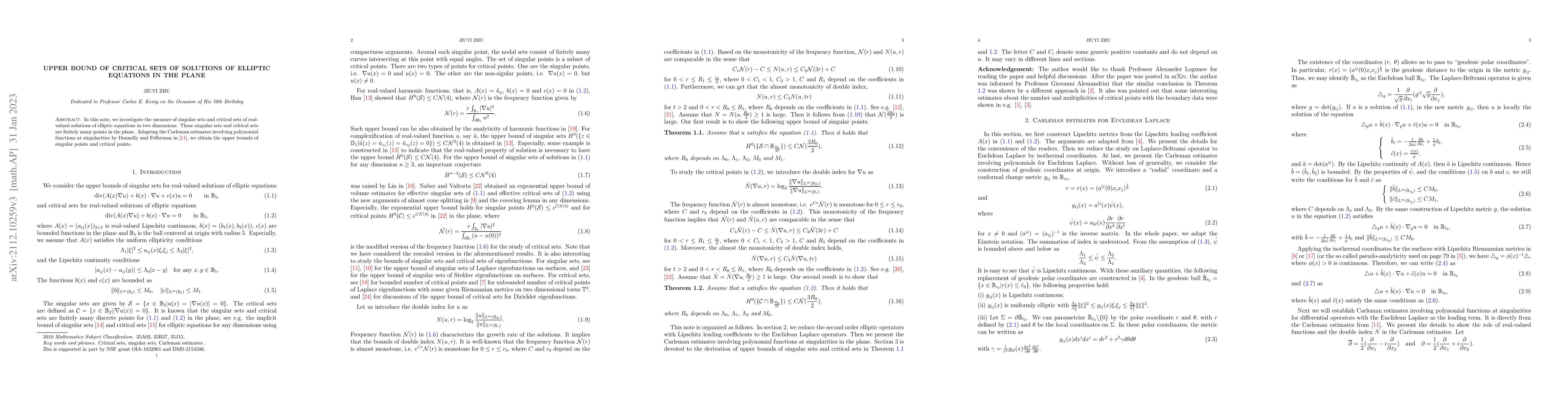 Thumbnail for Upper bound of critical sets of solutions of elliptic equations in the
  plane