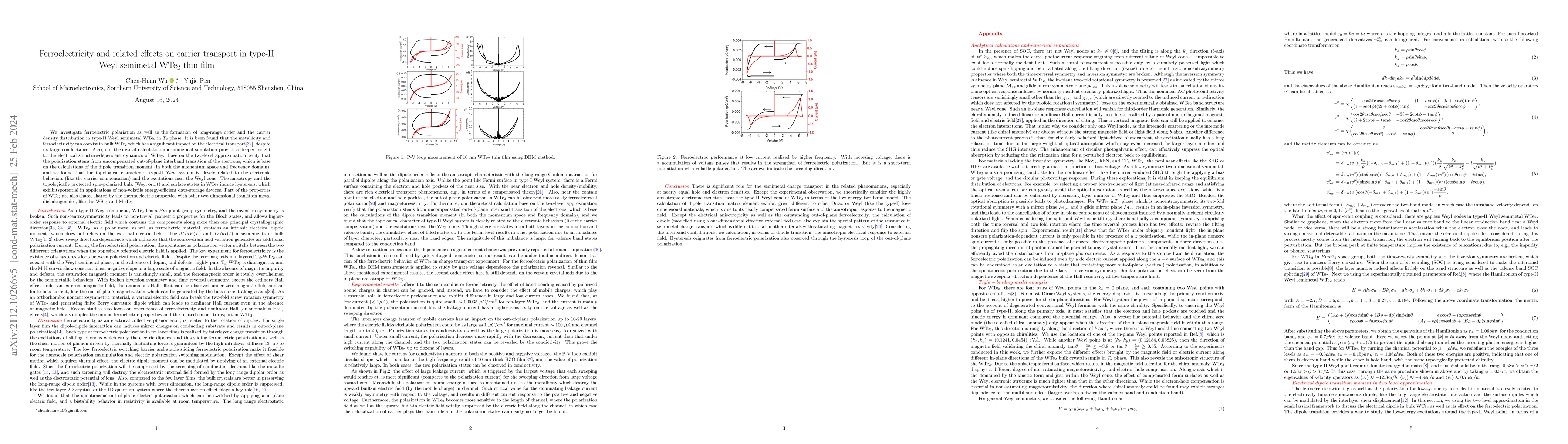 Thumbnail for Ferroelectricity and related effects on carrier transport in type-II
  Weyl semimetal WTe$_{2}$ thin film