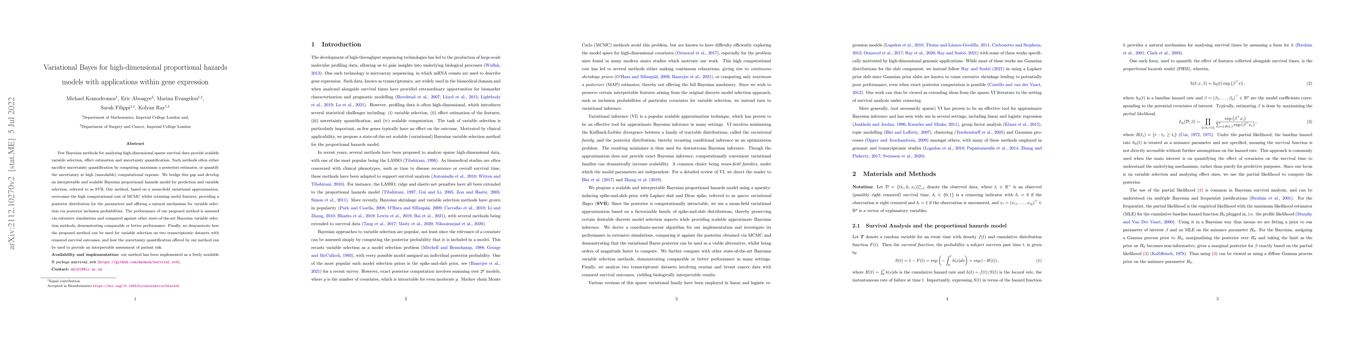 Thumbnail for Variational Bayes for high-dimensional proportional hazards models with
  applications within gene expression