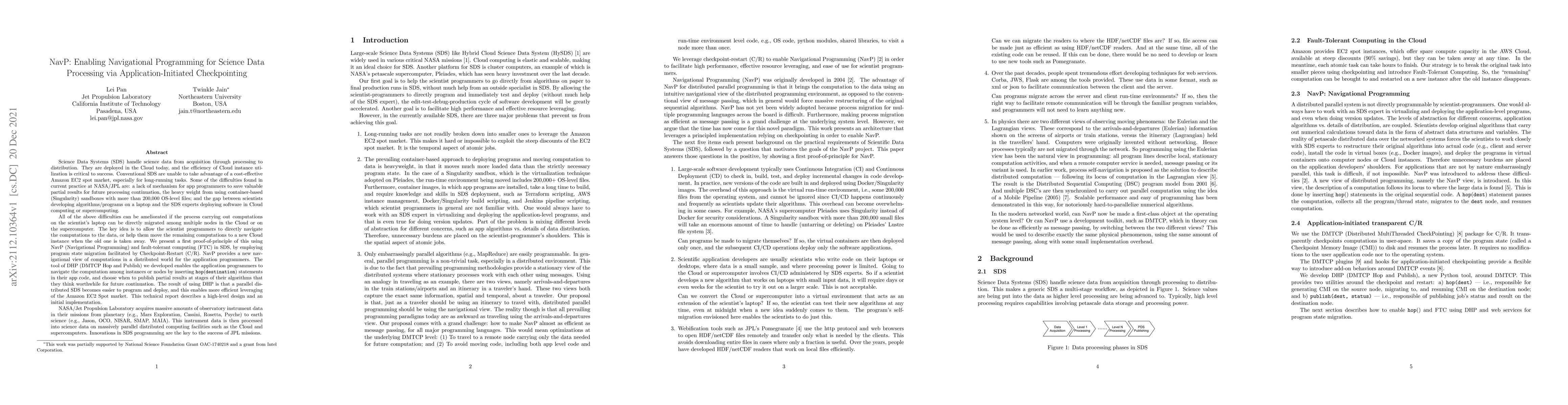 Thumbnail for NavP: Enabling Navigational Programming for Science Data Processing via
  Application-Initiated Checkpointing