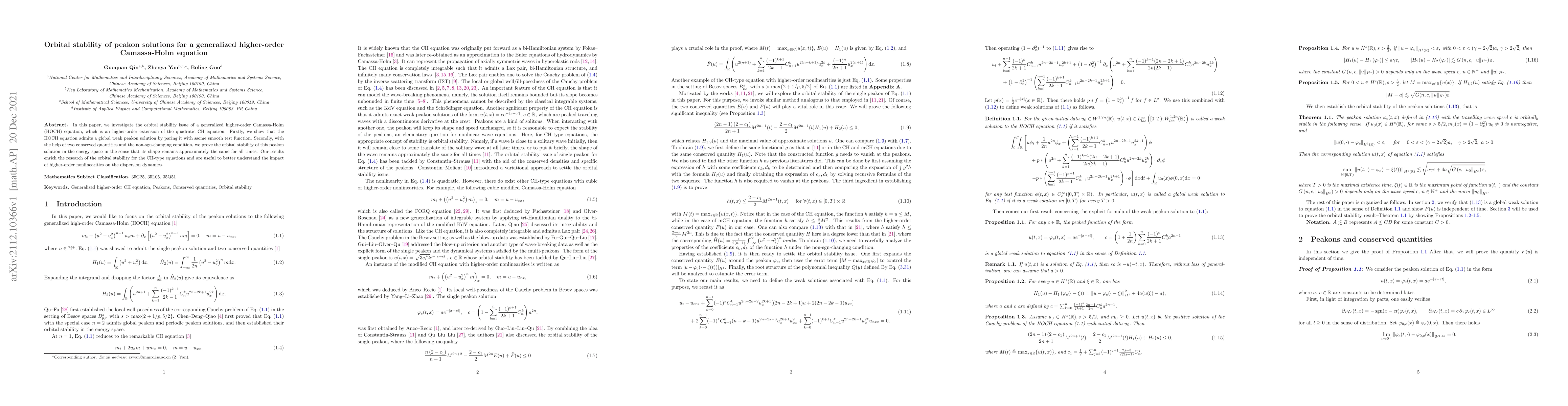 Thumbnail for Orbital stability of peakon solutions for a generalized higher-order
  Camassa-Holm equation