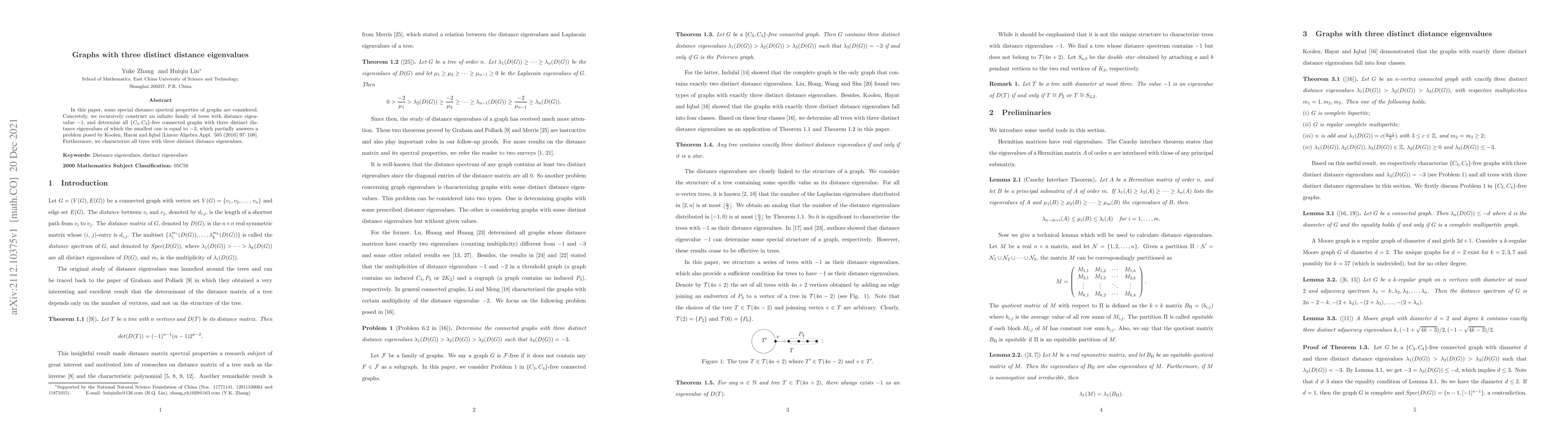 Thumbnail for Graphs with three distinct distance eigenvalues