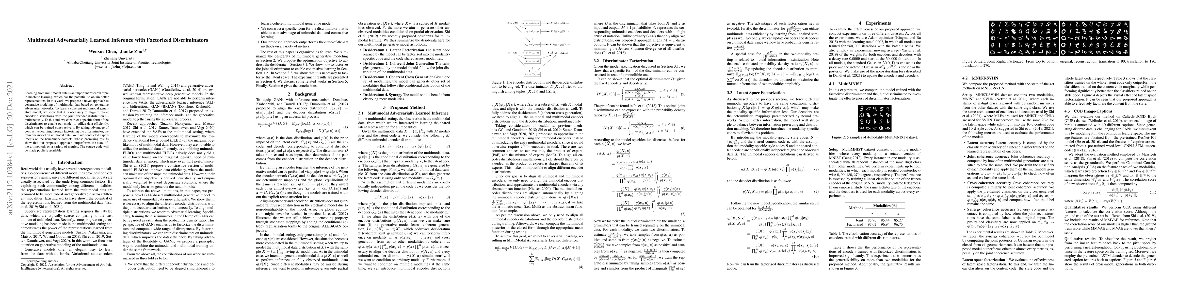 Thumbnail for Multimodal Adversarially Learned Inference with Factorized
  Discriminators