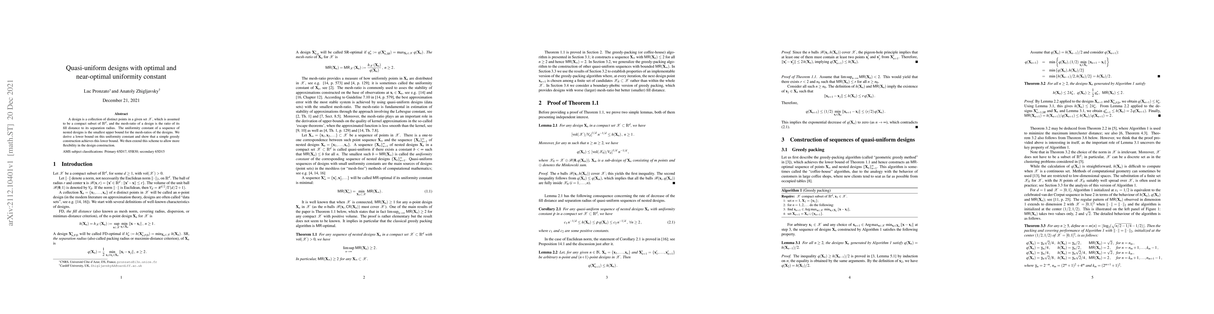Thumbnail for Quasi-uniform designs with optimal and near-optimal uniformity constant