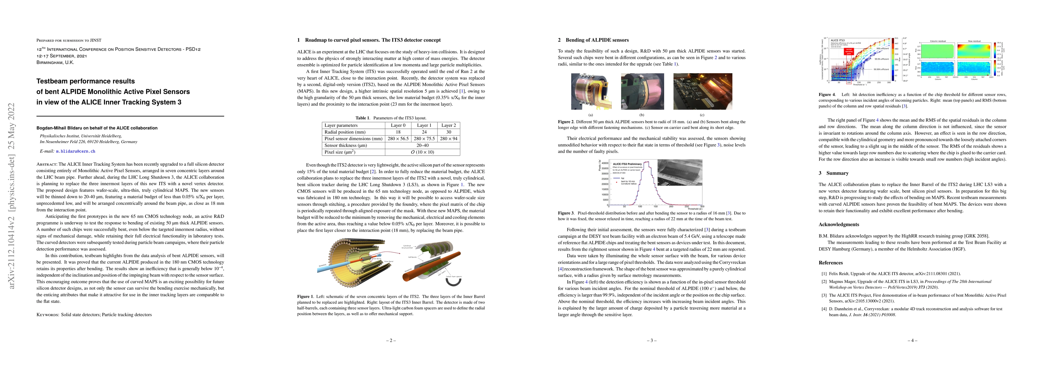 Thumbnail for Testbeam performance results of bent ALPIDE Monolithic Active Pixel
  Sensors in view of the ALICE Inner Tracking System 3