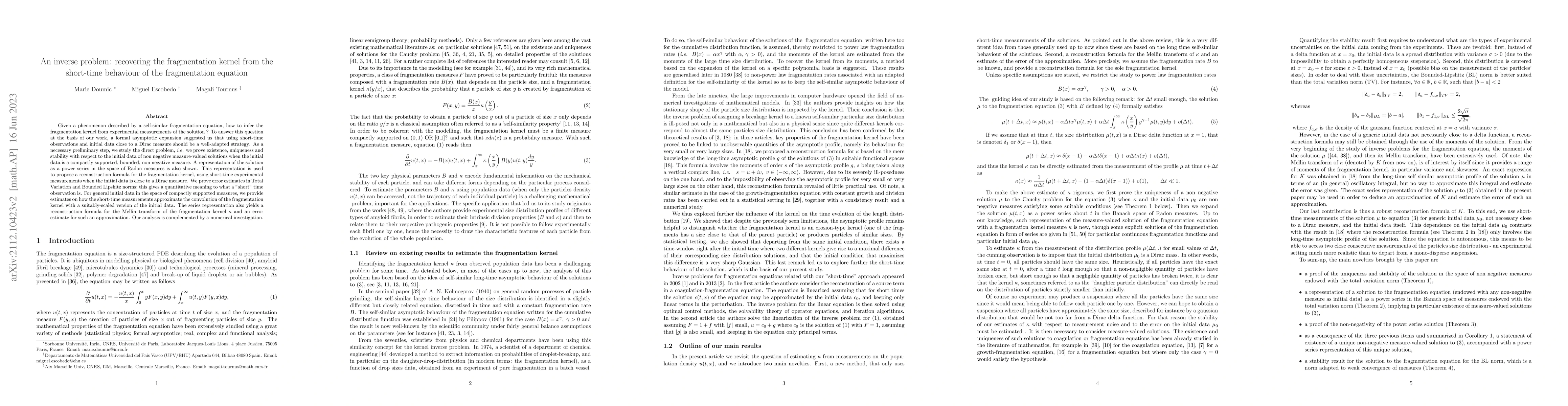 Thumbnail for An inverse problem: recovering the fragmentation kernel from the
  short-time behaviour of the fragmentation equation