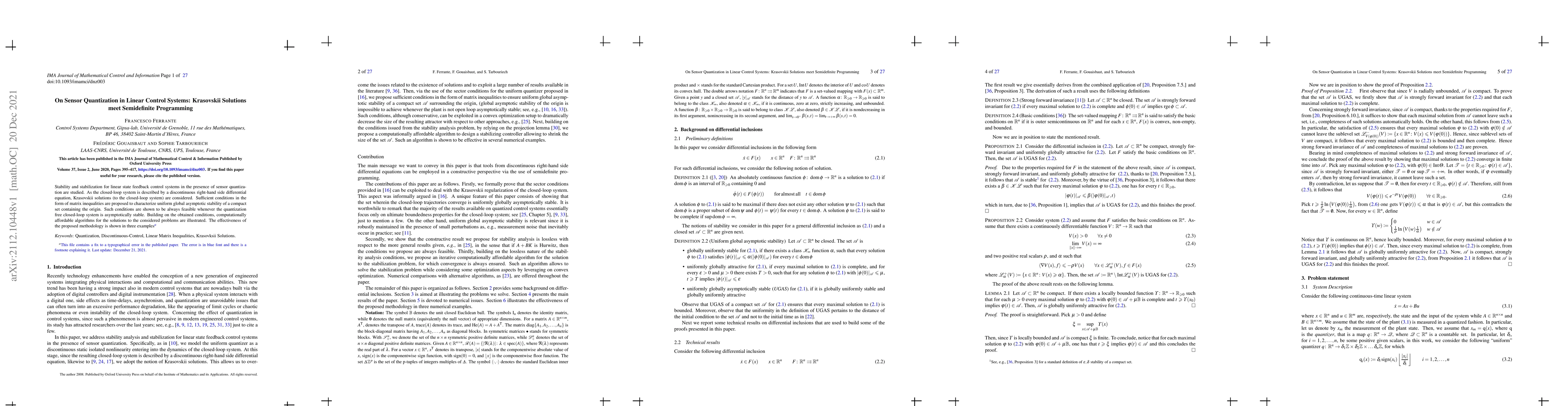 Thumbnail for On sensor quantization in linear control systems: Krasovskii solutions
  meet semidefinite programming