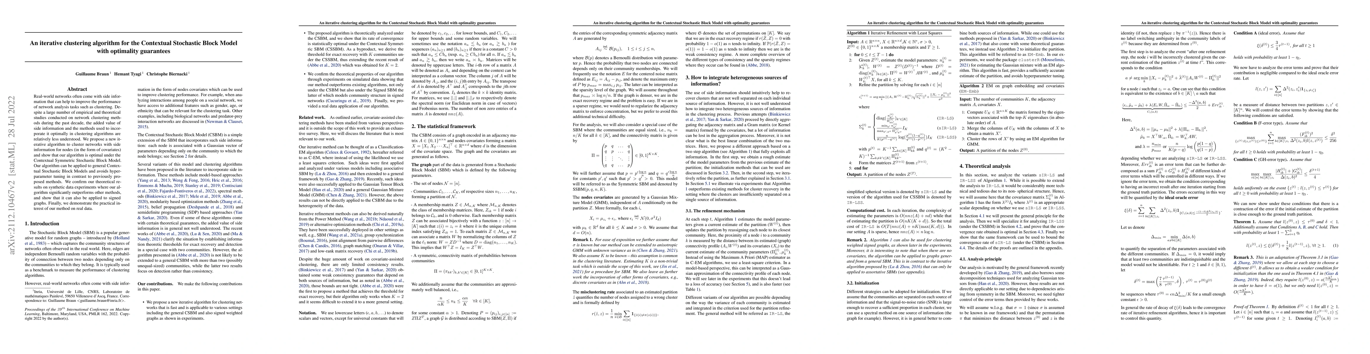 Thumbnail for An iterative clustering algorithm for the Contextual Stochastic Block
  Model with optimality guarantees