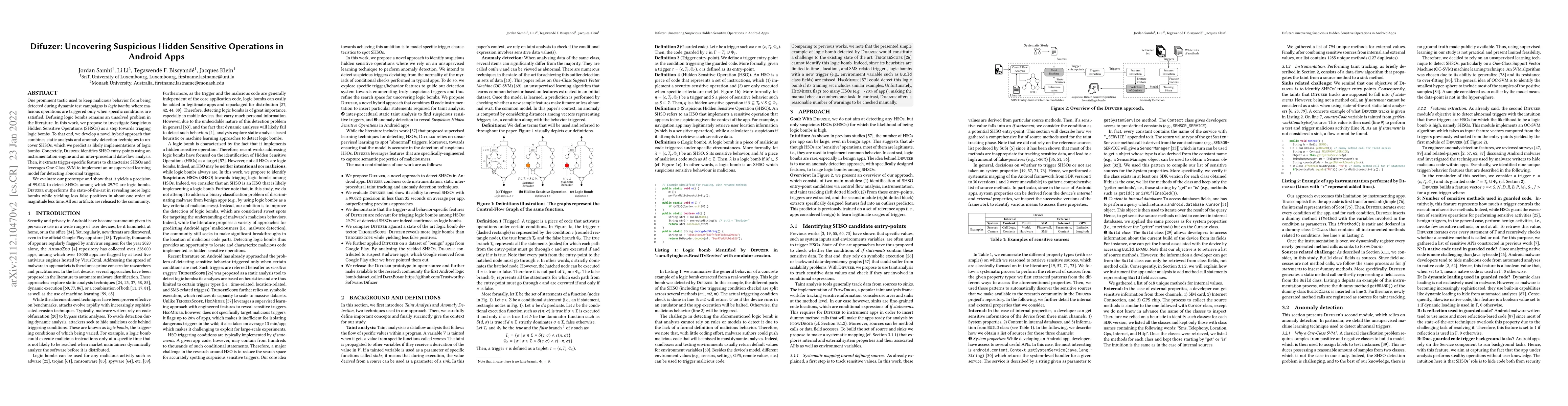 Thumbnail for Difuzer: Uncovering Suspicious Hidden Sensitive Operations in Android
  Apps