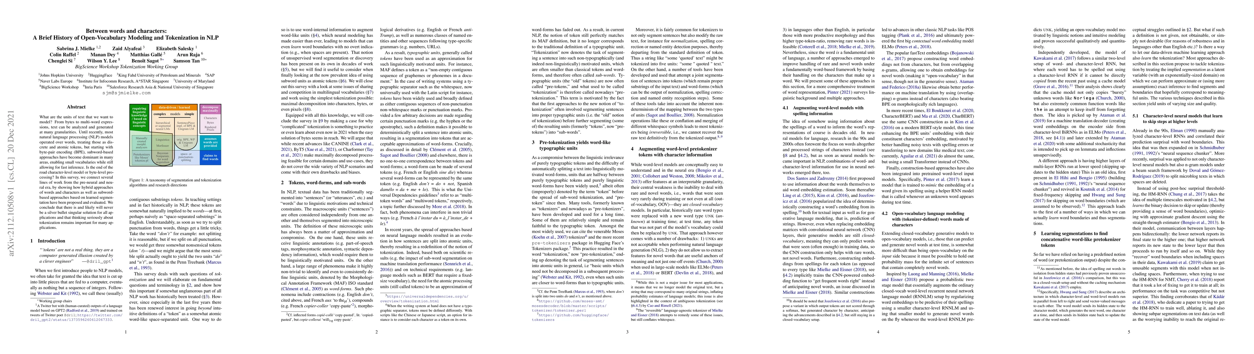Thumbnail for Between words and characters: A Brief History of Open-Vocabulary
  Modeling and Tokenization in NLP