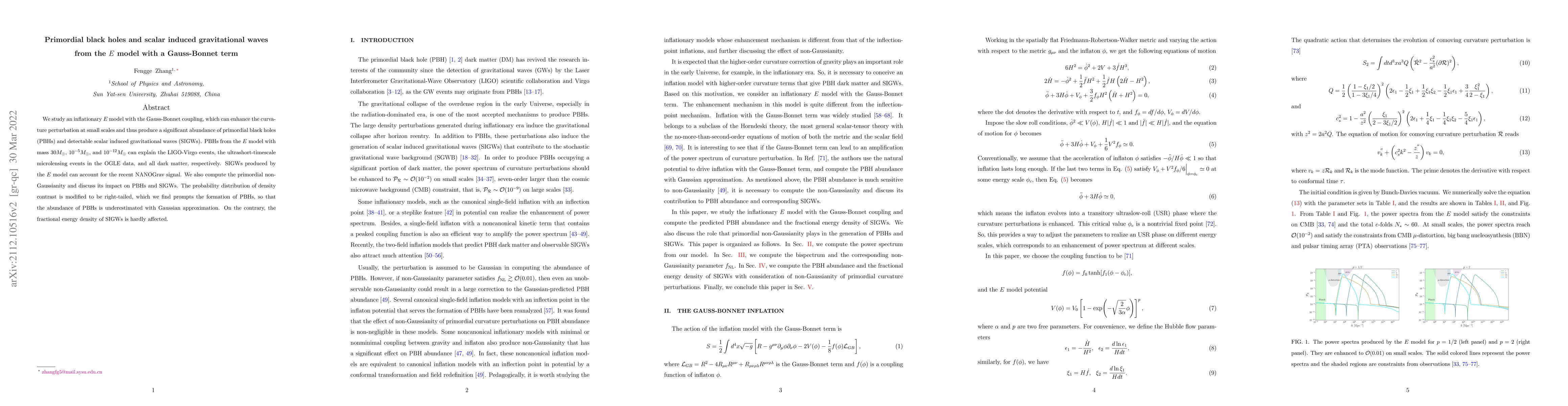 Thumbnail for Primordial black holes and scalar induced gravitational waves from the
  $E$ model with a Gauss-Bonnet term