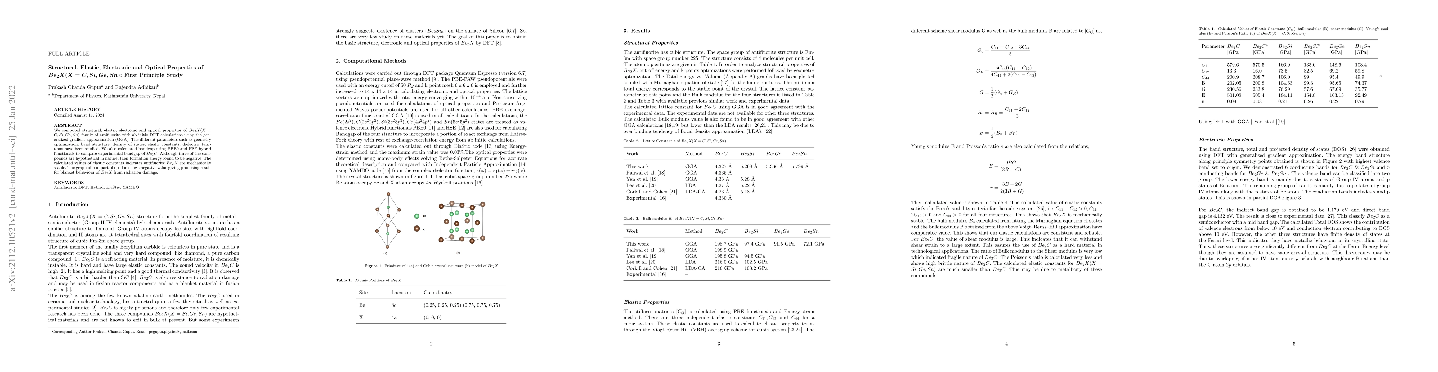 Thumbnail for Structural, Elastic, Electronic and Optical Properties of $Be_2X(X=C,
  Si, Ge, Sn)$: First Principle Study