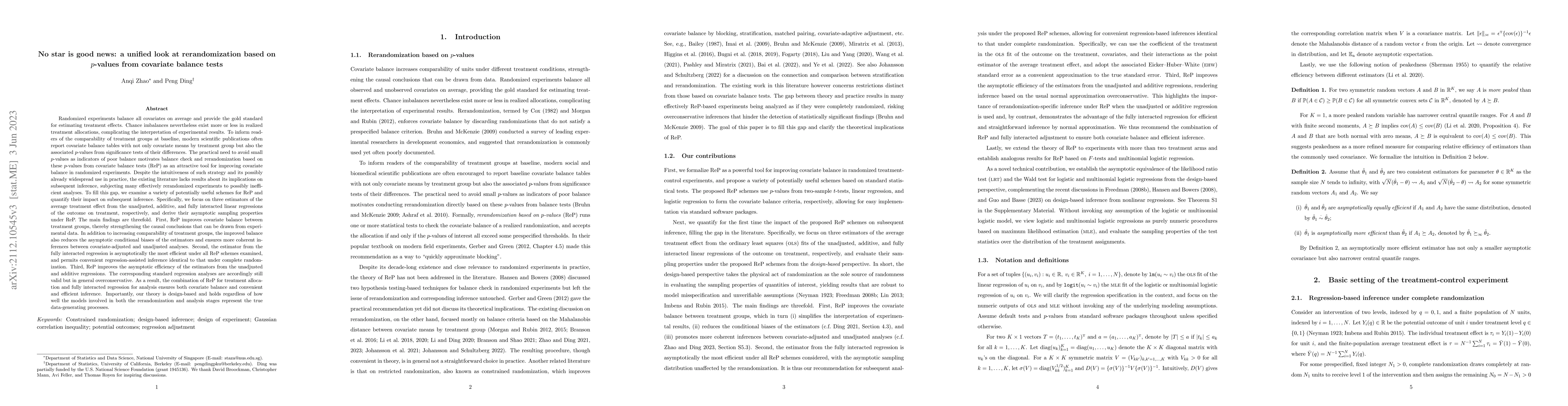 Thumbnail for No star is good news: A unified look at rerandomization based on
  $p$-values from covariate balance tests