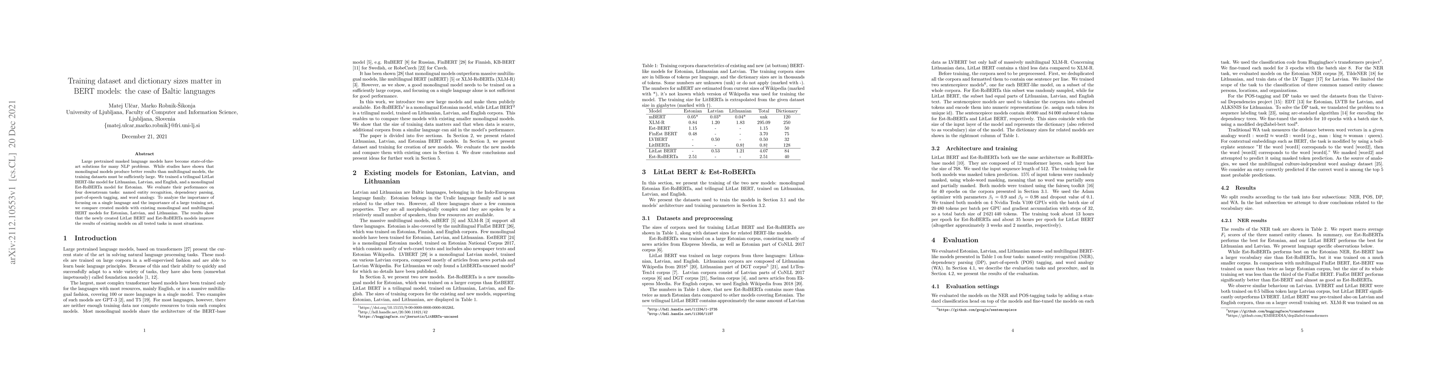 Thumbnail for Training dataset and dictionary sizes matter in BERT models: the case of
  Baltic languages