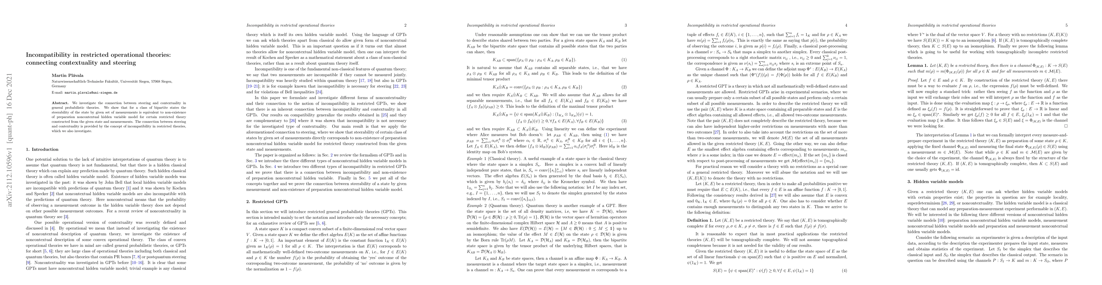Thumbnail for Incompatibility in restricted operational theories: connecting
  contextuality and steering