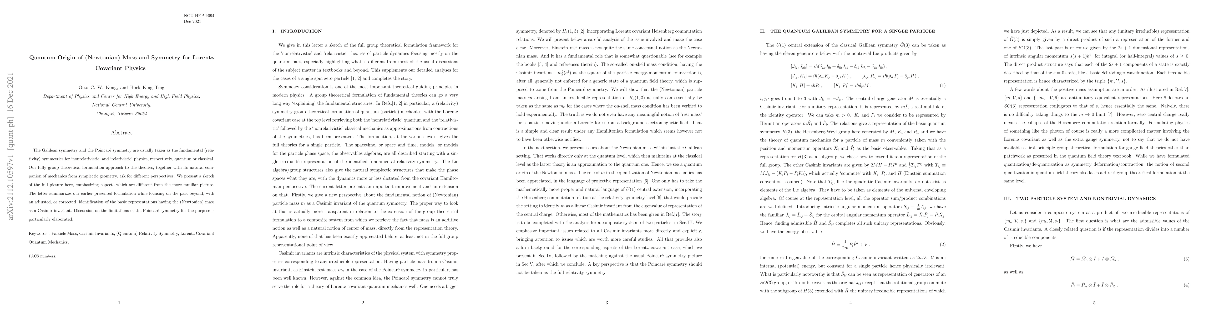 Thumbnail for Quantum Origin of (Newtonian) Mass and Symmetry for Lorentz Covariant
  Physics
