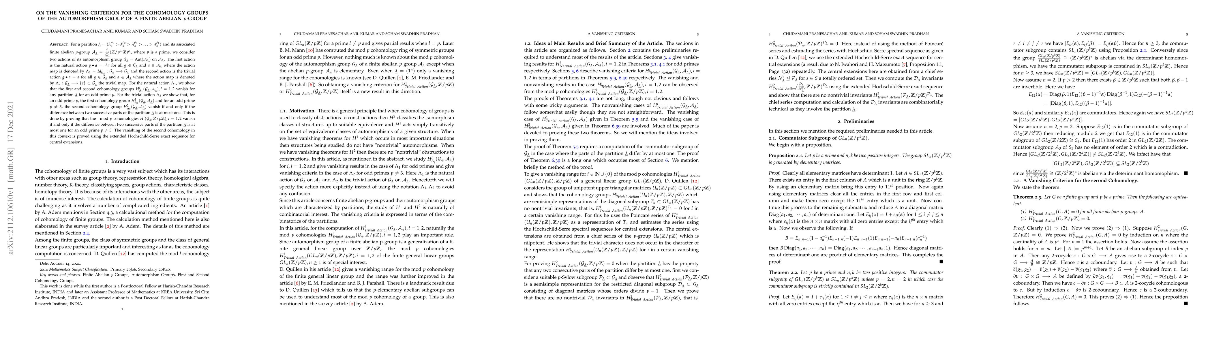 Thumbnail for On the Vanishing Criterion for the Cohomology Groups of the Automorphism
  Group of a finite Abelian $p$-Group