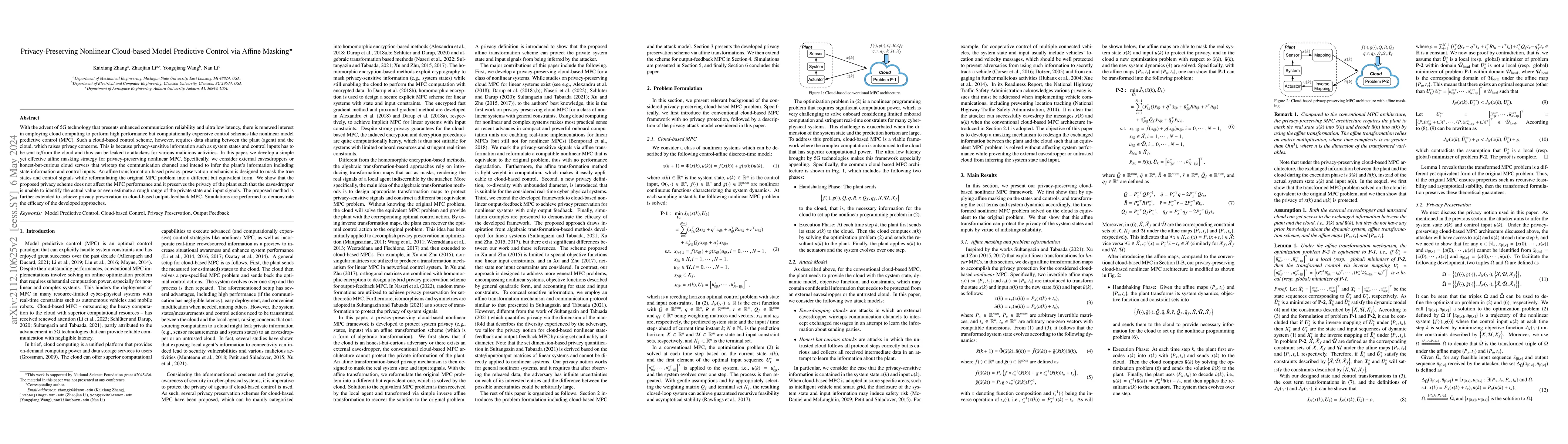 Thumbnail for Privacy-Preserving Nonlinear Cloud-based Model Predictive Control via
  Affine Masking