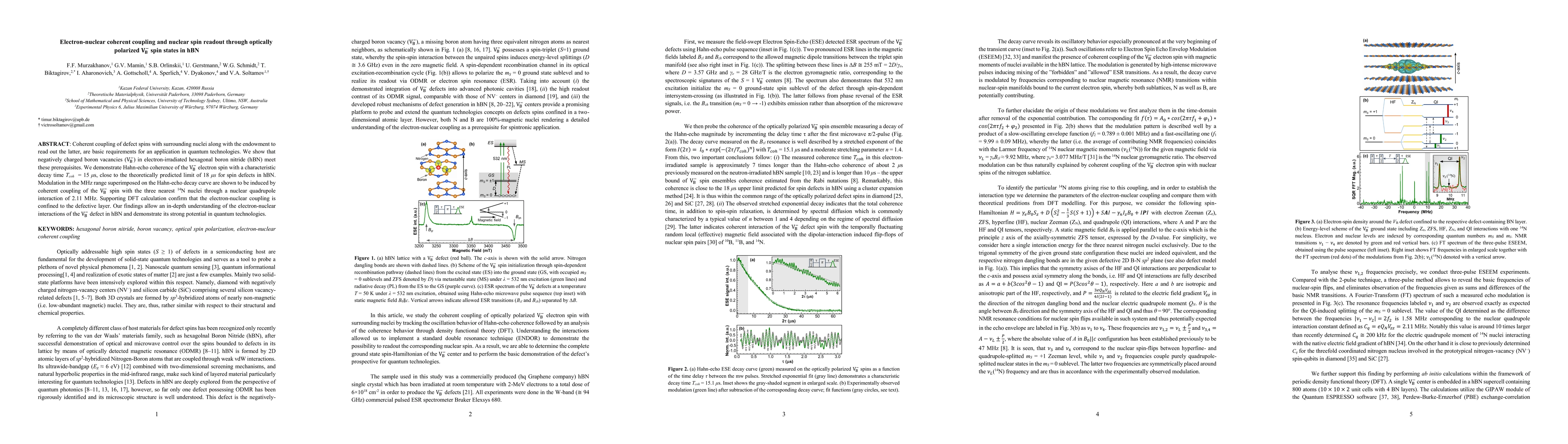 Thumbnail for Electron-nuclear coherent coupling and nuclear spin readout through
  optically polarized VB- spin states in hBN