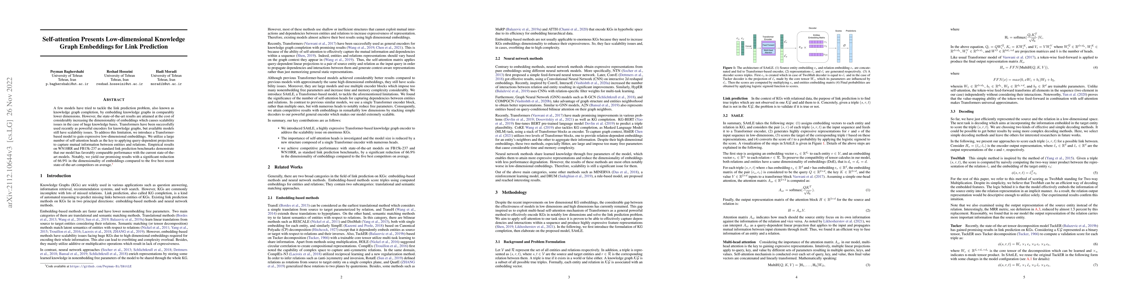 Thumbnail for Self-attention Presents Low-dimensional Knowledge Graph Embeddings for
  Link Prediction