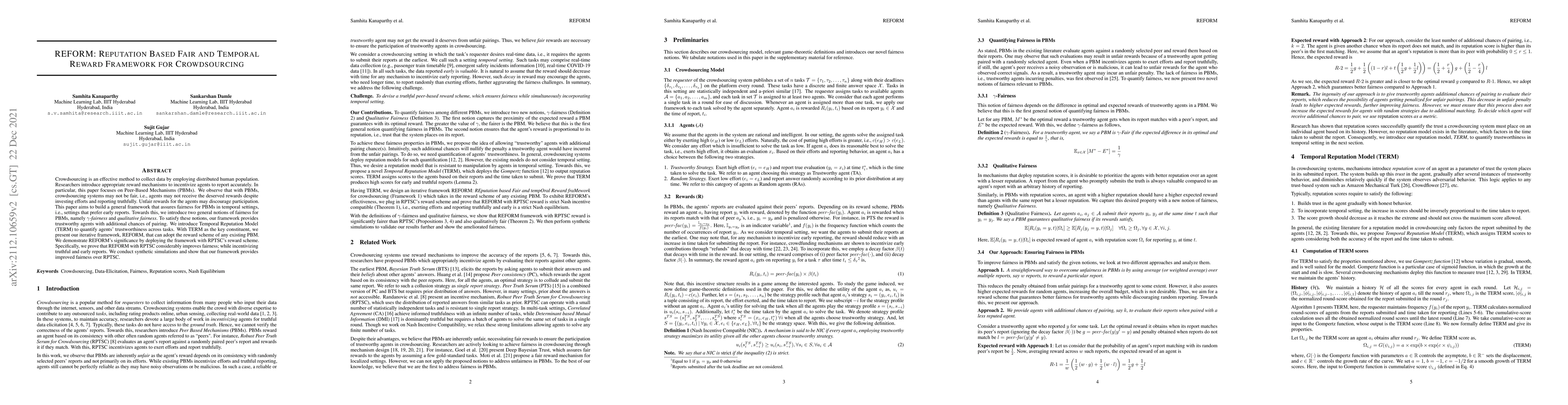 Thumbnail for REFORM: Reputation Based Fair and Temporal Reward Framework for
  Crowdsourcing