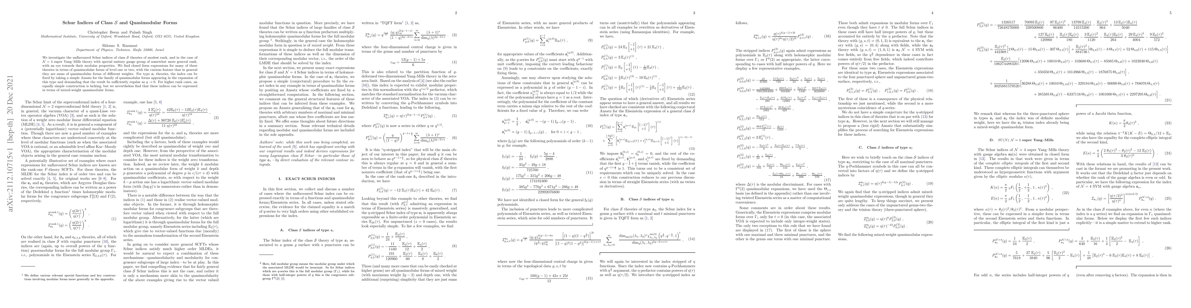 Thumbnail for Schur Indices of Class $\mathcal{S}$ and Quasimodular Forms