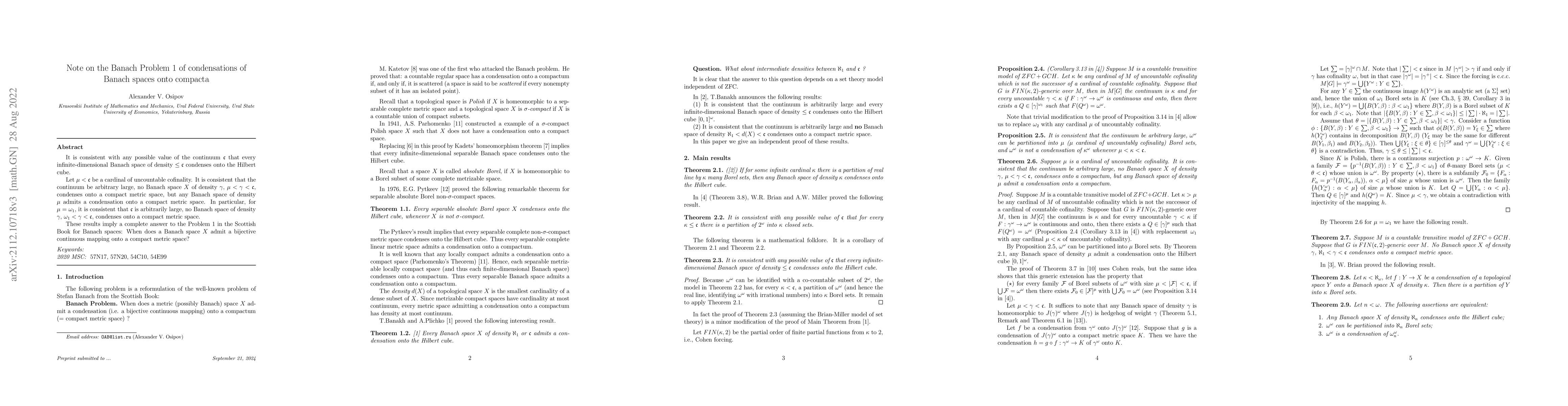 Thumbnail for Note on the Banach Problem 1 of condensations of Banach spaces onto
  compacta