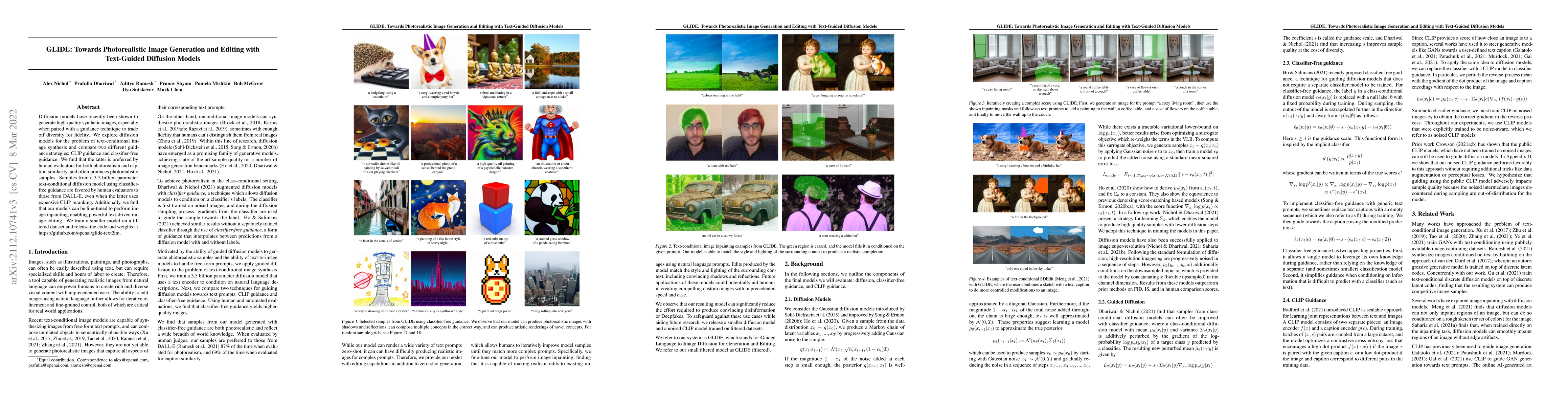 Thumbnail for GLIDE: Towards Photorealistic Image Generation and Editing with
  Text-Guided Diffusion Models
