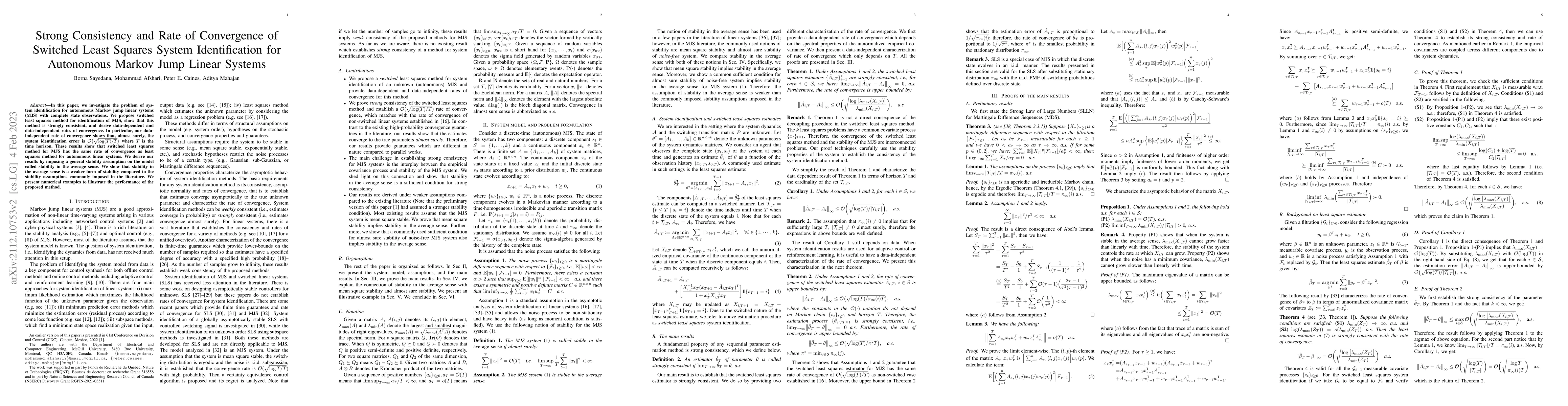 Thumbnail for Strong Consistency and Rate of Convergence of Switched Least Squares
  System Identification for Autonomous Markov Jump Linear Systems