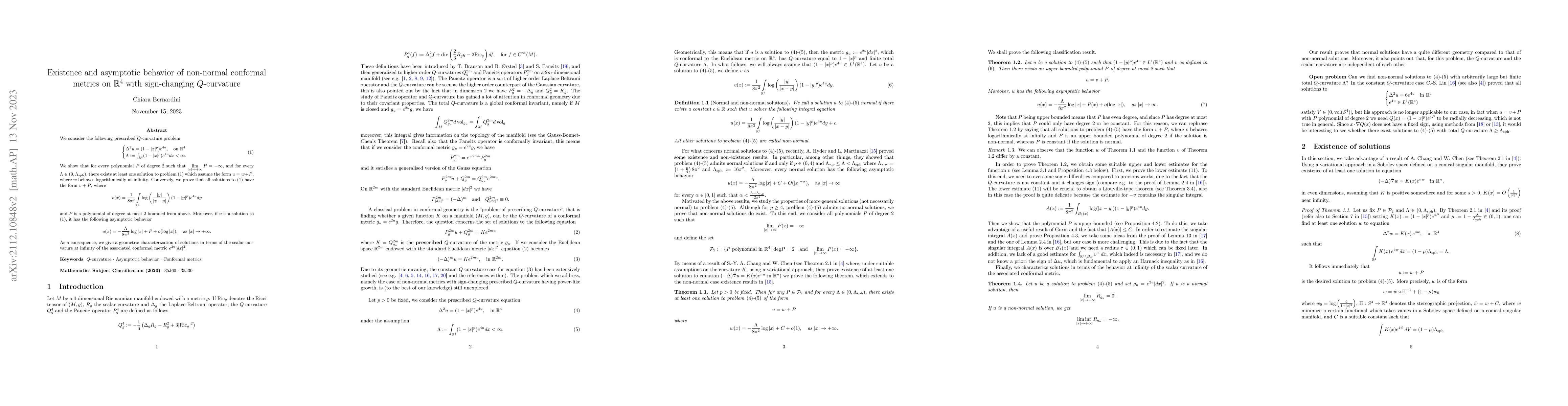 Thumbnail for Existence and asymptotic behavior of non-normal conformal metrics on
  $\mathbb{R}^4$ with sign-changing $Q$-curvature