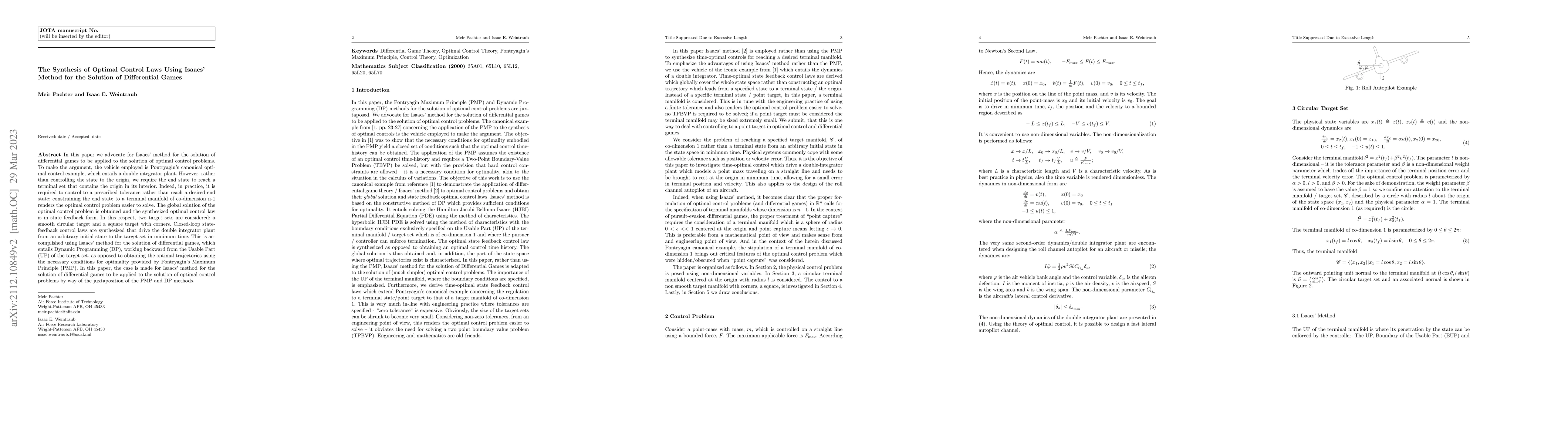 Thumbnail for The Synthesis of Optimal Control Laws Using Isaacs' Method for the
  Solution of Differential Games