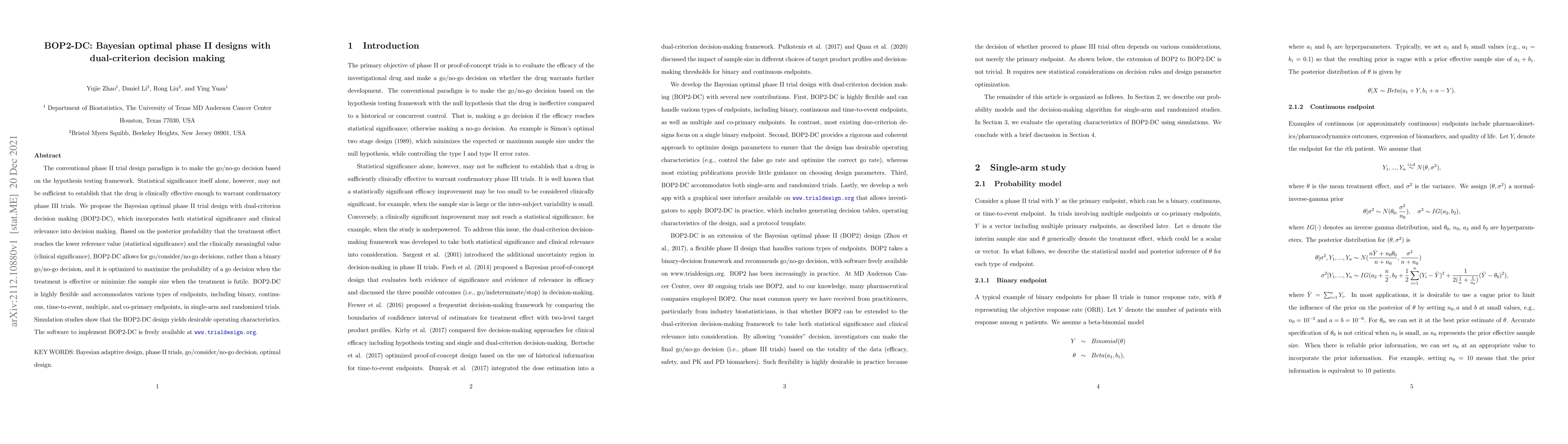 Thumbnail for BOP2-DC: Bayesian optimal phase II designs with dual-criterion decision
  making