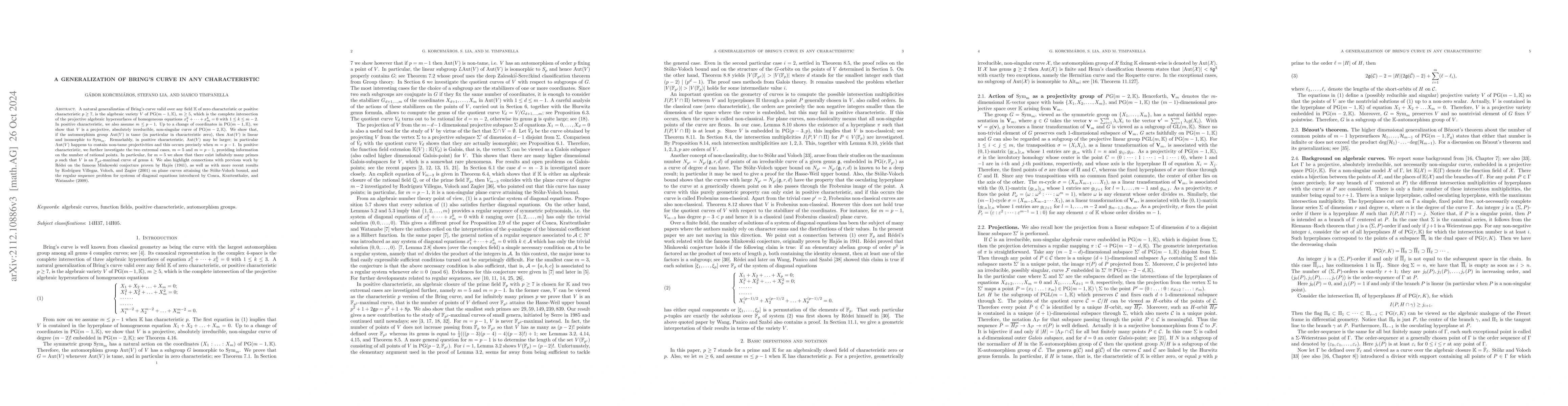 Thumbnail for A generalization of Bring's curve in any characteristic