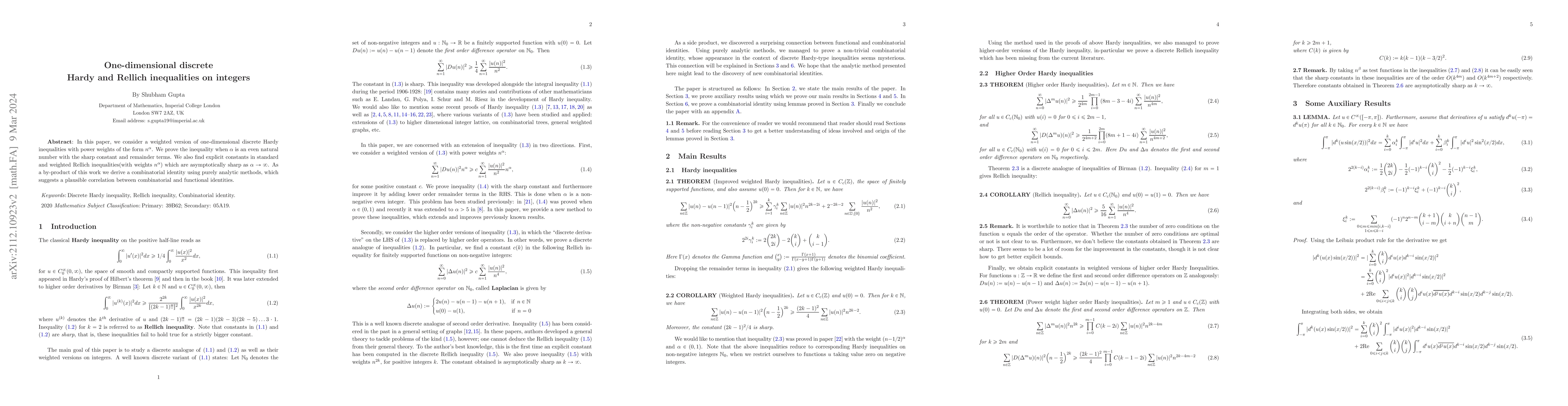 Thumbnail for One-dimensional discrete Hardy and Rellich inequalities on integers