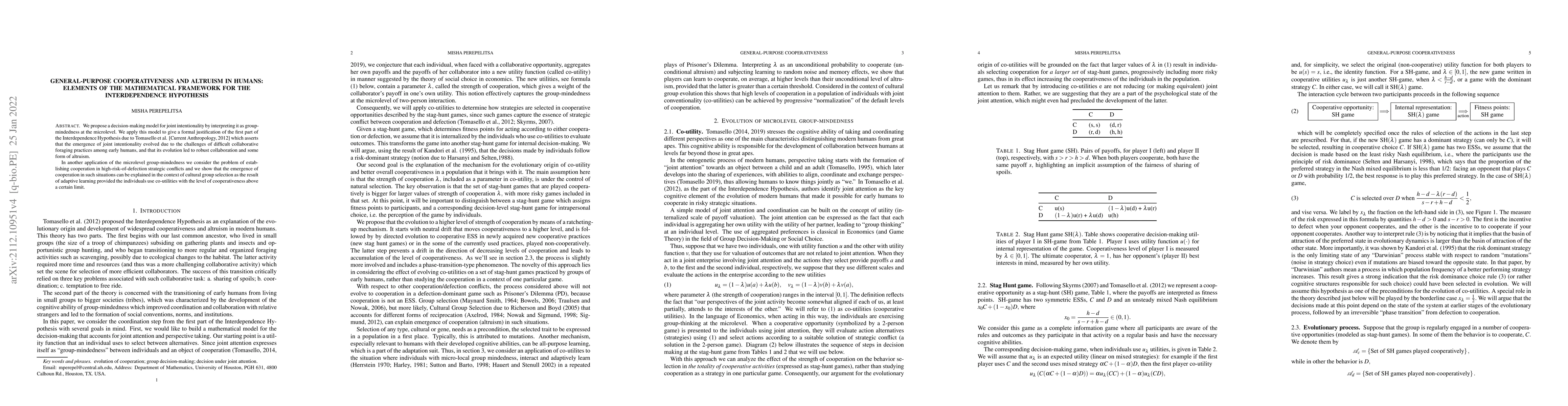 Thumbnail for General-purpose cooperativeness and altruism in humans: elements of the
  mathematical framework for the Interdependence Hypothesis