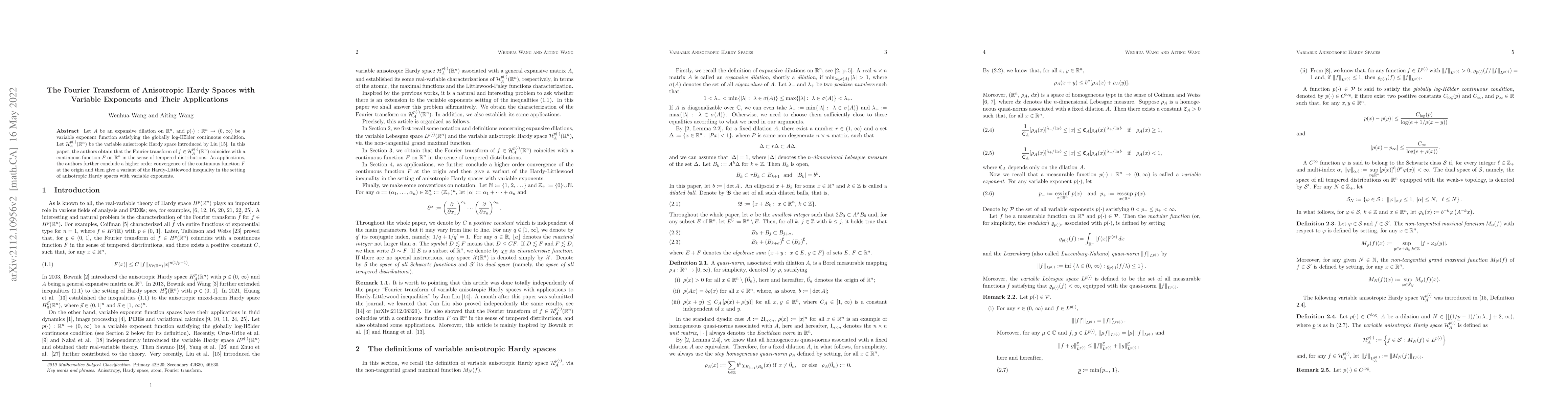 Thumbnail for The Fourier Transform of Anisotropic Hardy Spaces with Variable
  Exponents and Their Applications