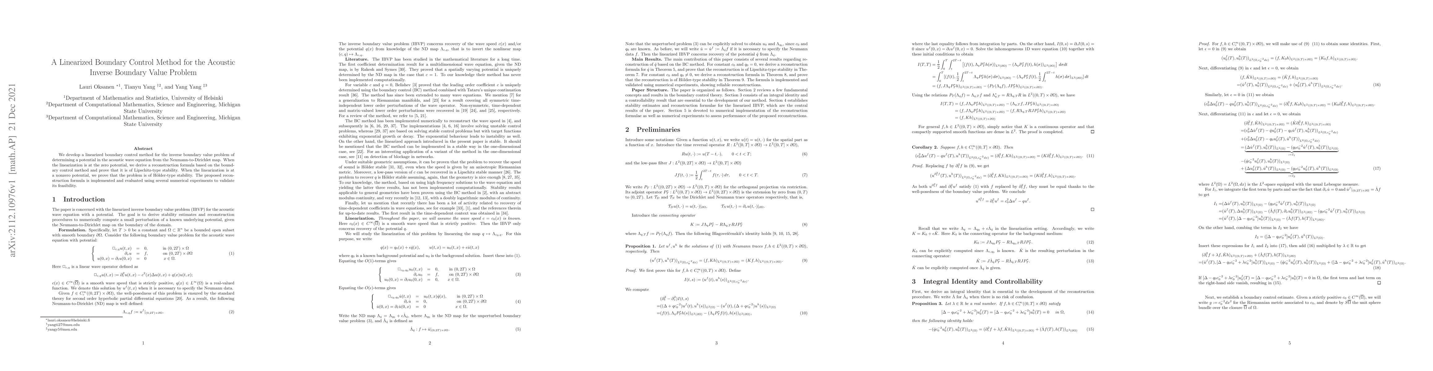 Thumbnail for A Linearized Boundary Control Method for the Acoustic Inverse Boundary
  Value Problem