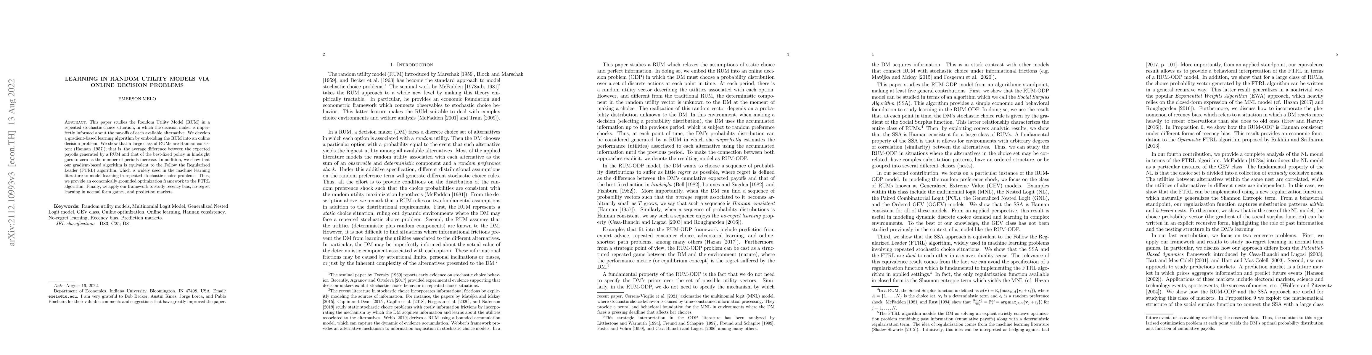 Thumbnail for Learning in Random Utility Models Via Online Decision Problems