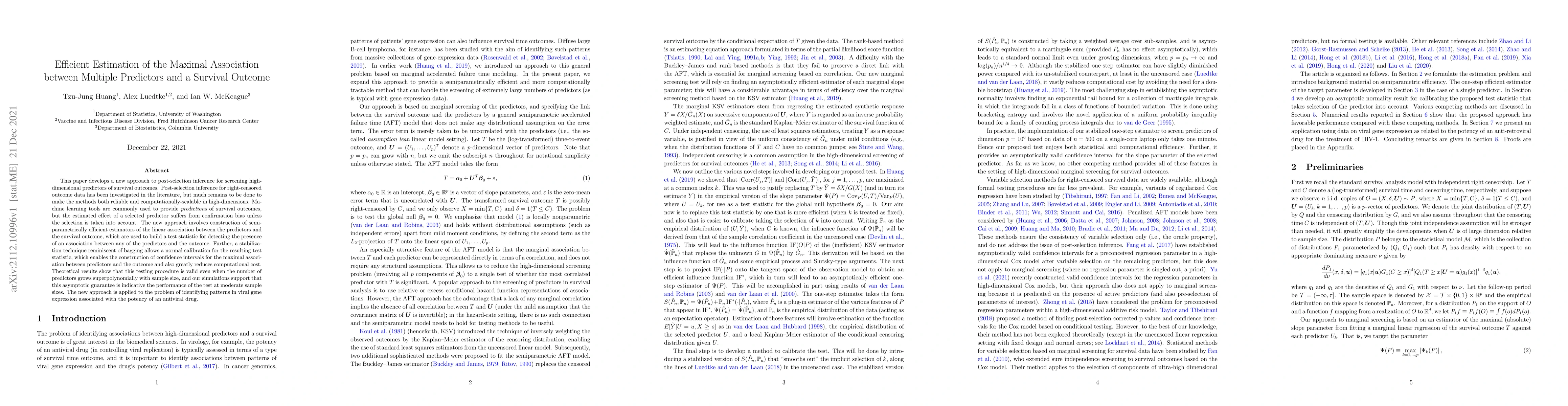 Thumbnail for Efficient Estimation of the Maximal Association between Multiple
  Predictors and a Survival Outcome