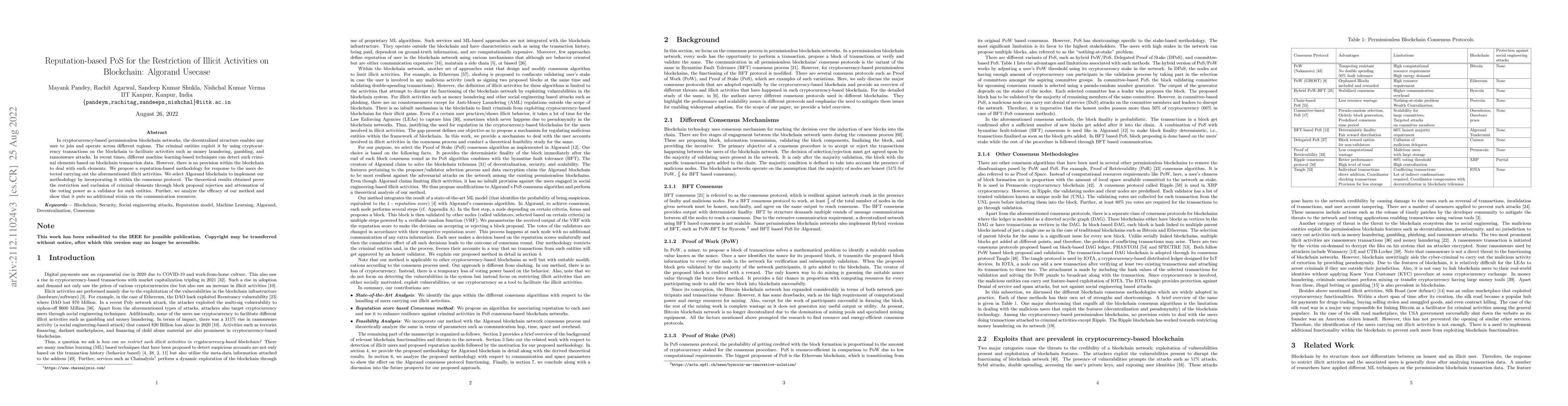 Thumbnail for Reputation-based PoS for the Restriction of Illicit Activities on
  Blockchain: Algorand Usecase
