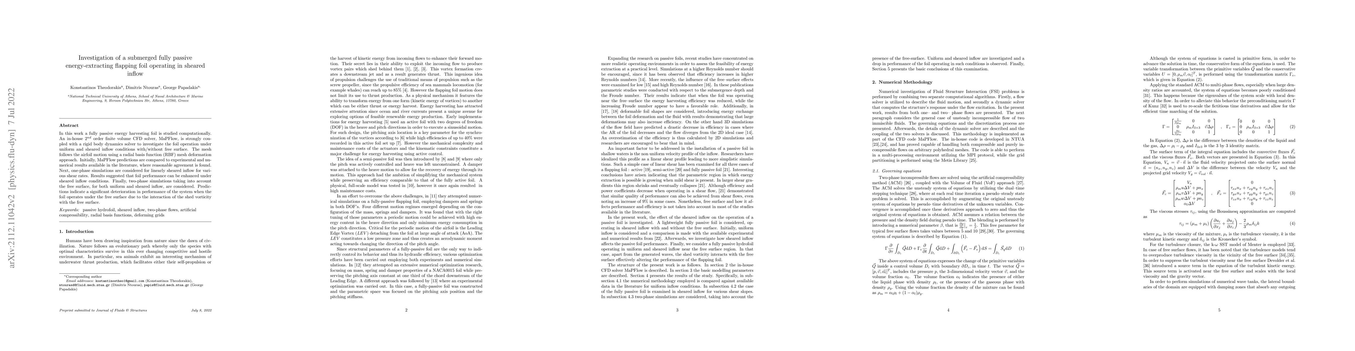 Thumbnail for Investigation of a submerged fully passive energy-extracting flapping
  foil operating in sheared inflow