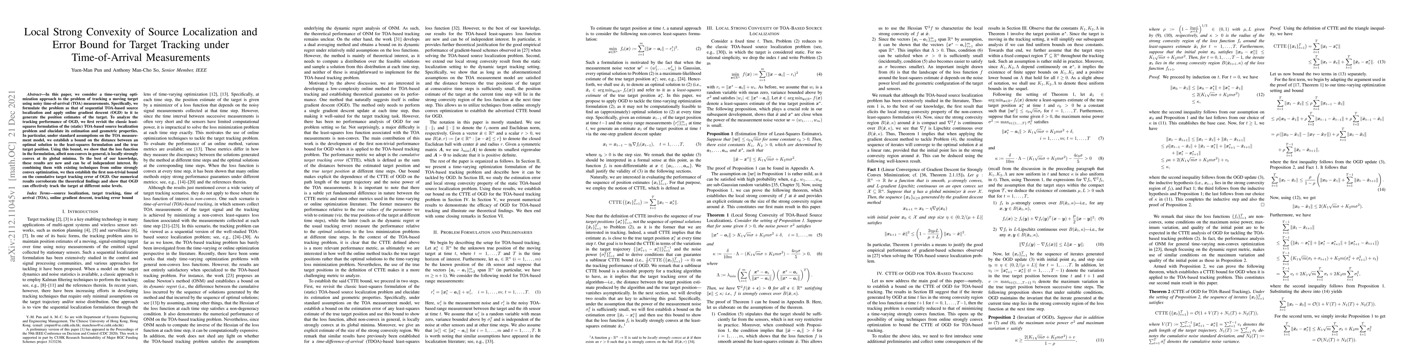 Thumbnail for Local Strong Convexity of Source Localization and Error Bound for Target
  Tracking under Time-of-Arrival Measurements