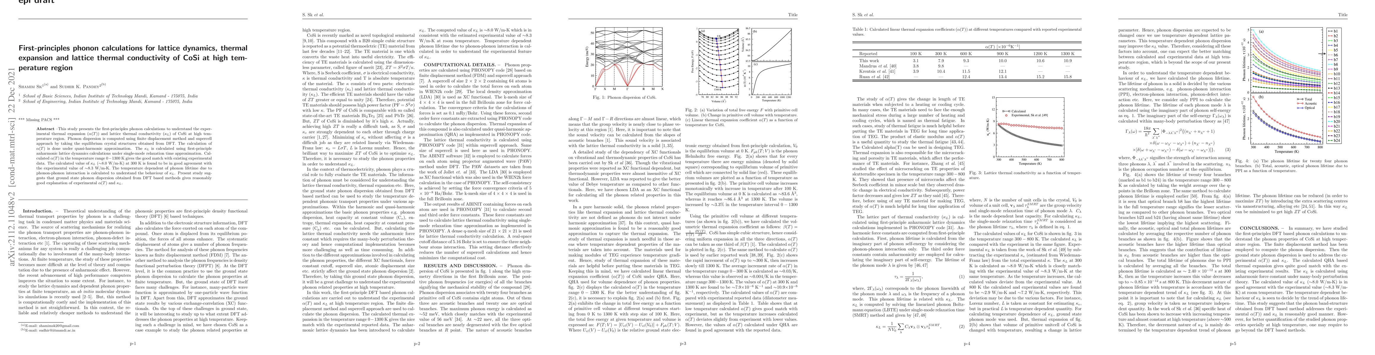 Thumbnail for First-principles phonon calculations for lattice dynamics, thermal
  expansion and lattice thermal conductivity of CoSi at high temperature region