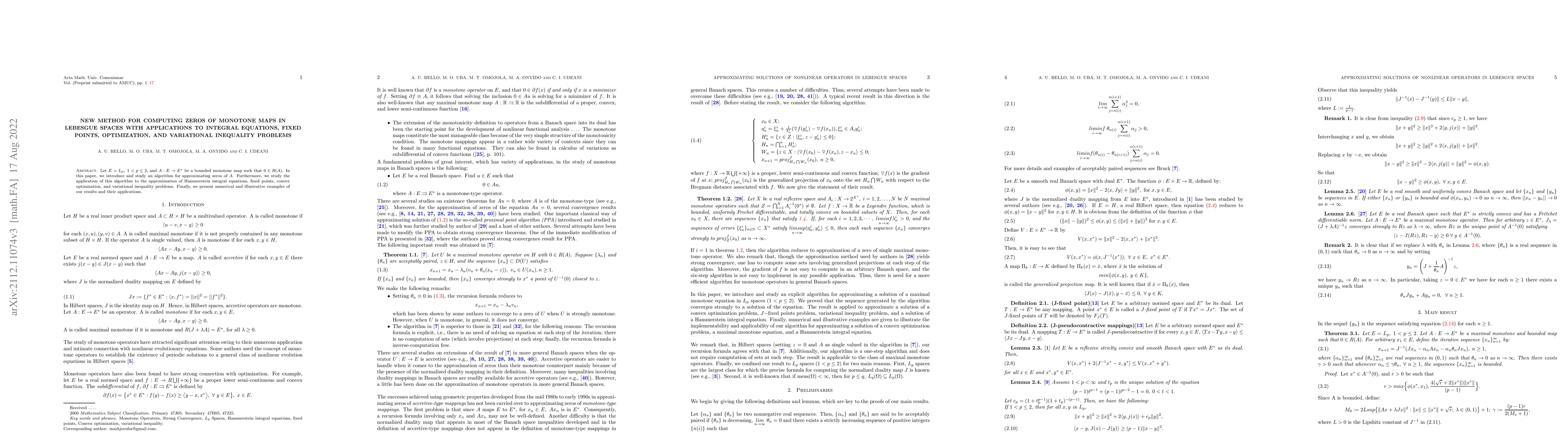 Thumbnail for New Method for Computing zeros of monotone maps in Lebesgue spaces with
  applications to integral equations, fixed points, optimization, and
  variational inequality problems